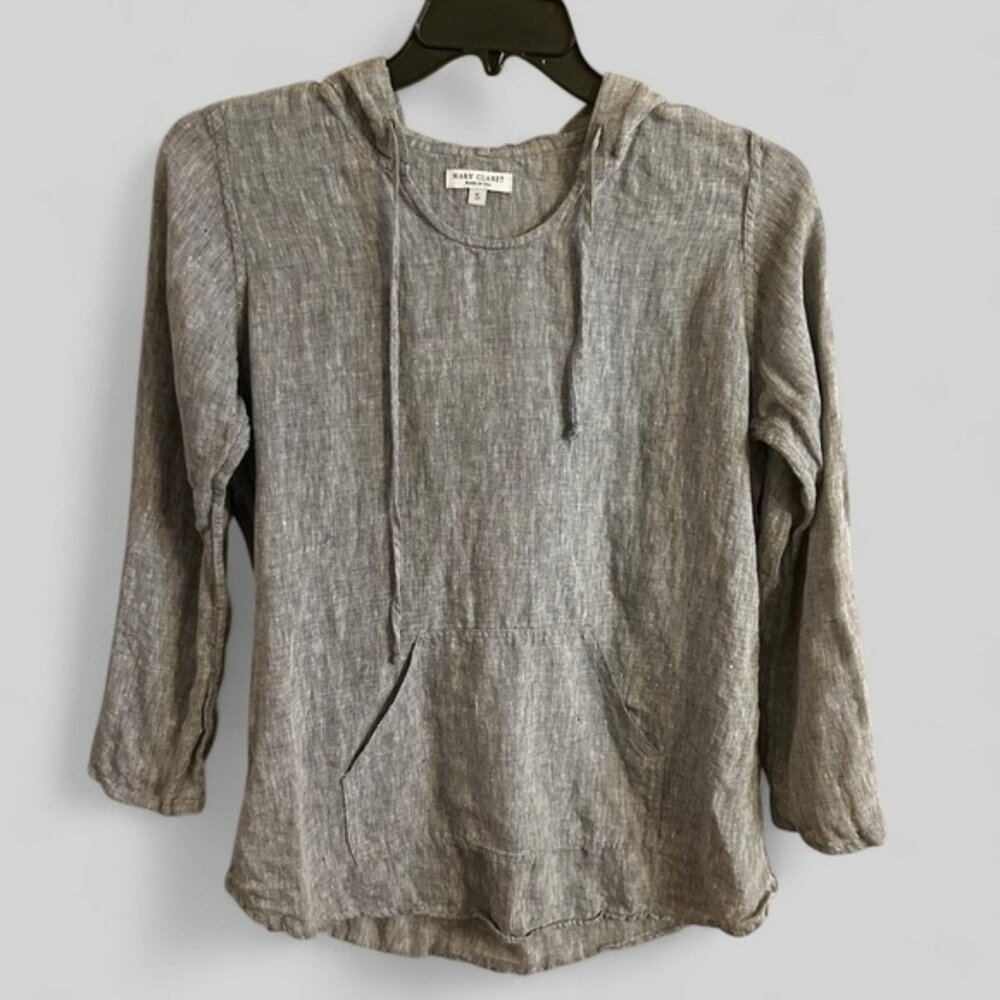 Mary Claret Minimalist grey blue hooded linen top size Small, pockets, preppy